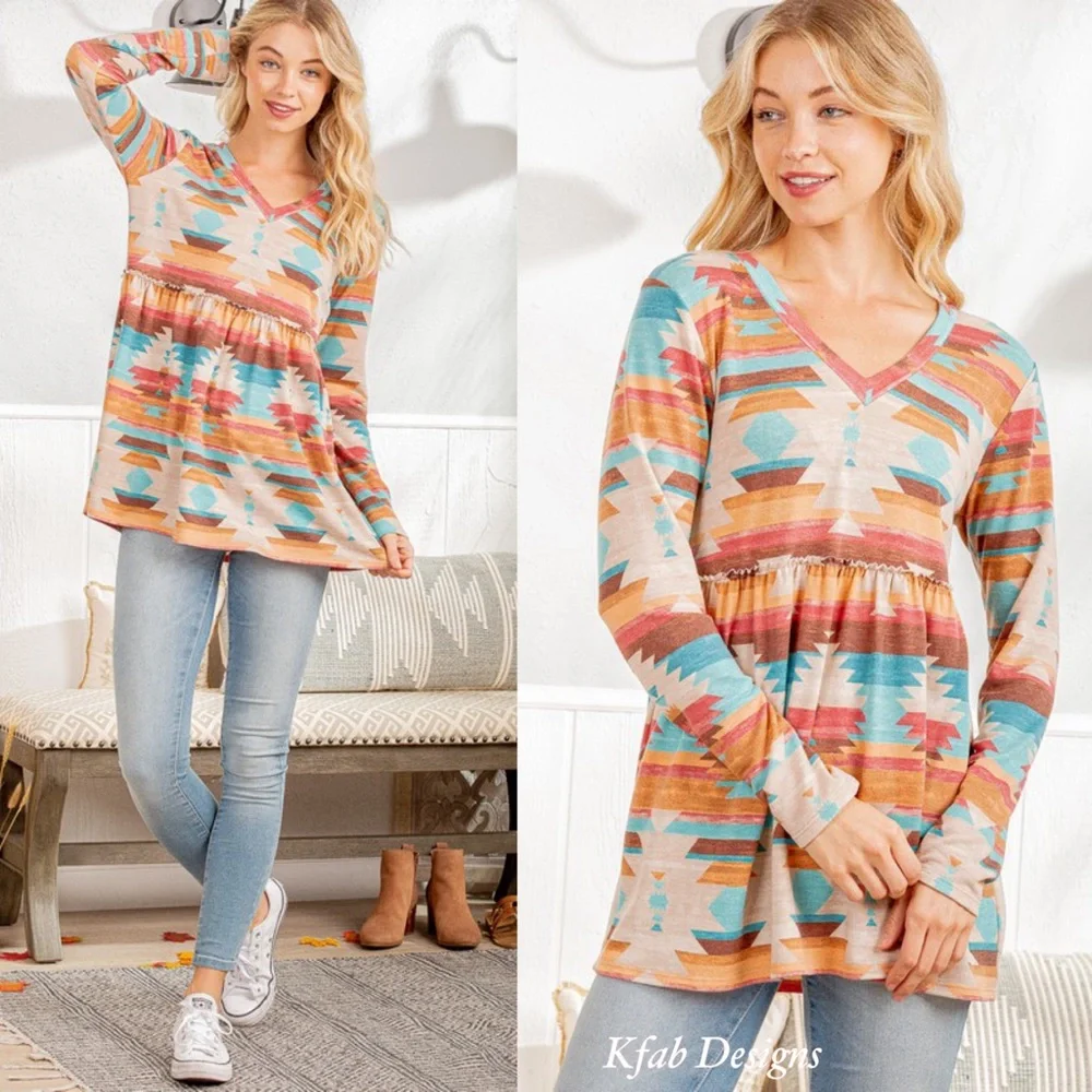❤️LAST 2! V Neck Ruffle Detail Aztec Print Top! - Picture 4 of 11